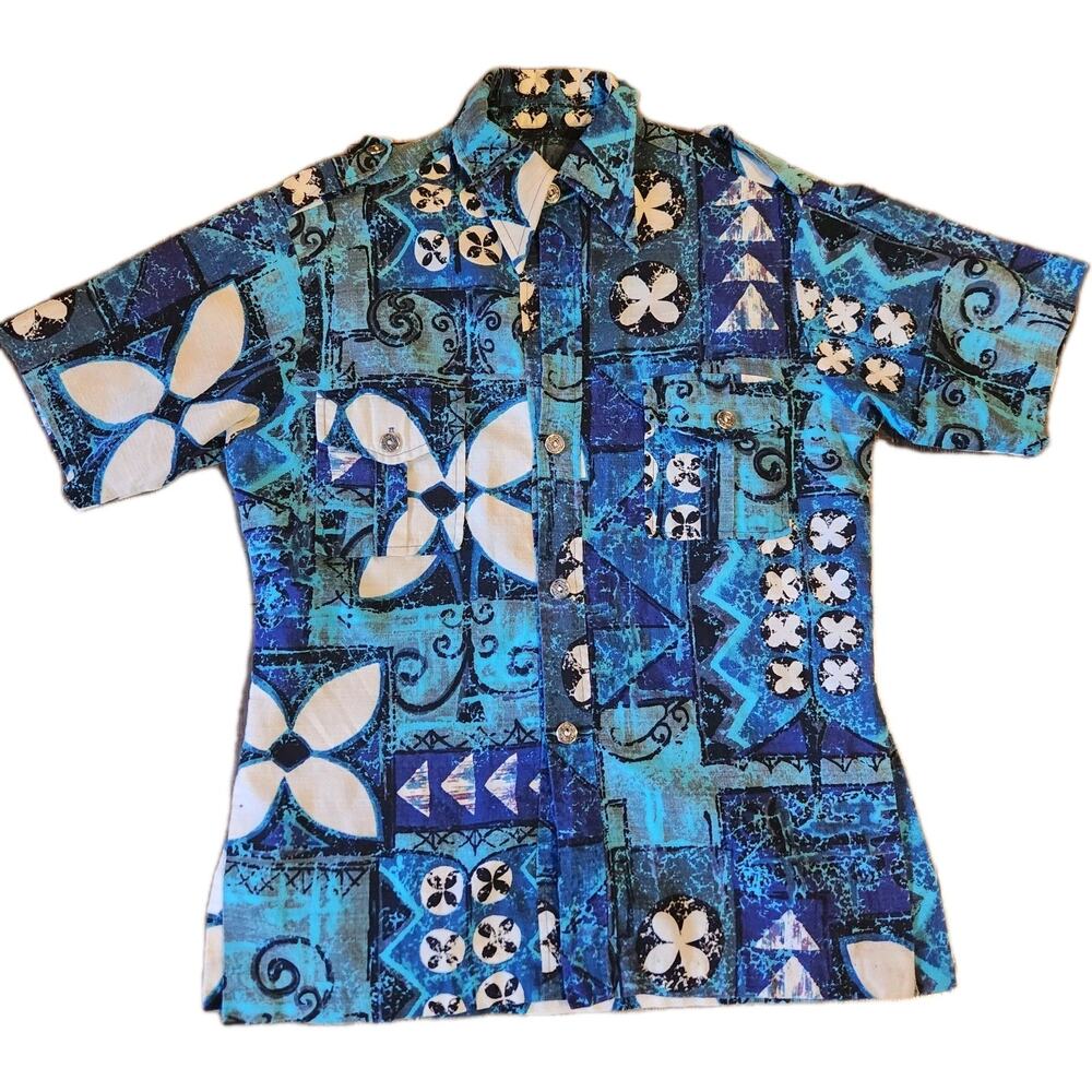 Vintage BARKCLOTH 60's Royal Hawaiian Aloha Shirt 42" Collectible Tapa Blue